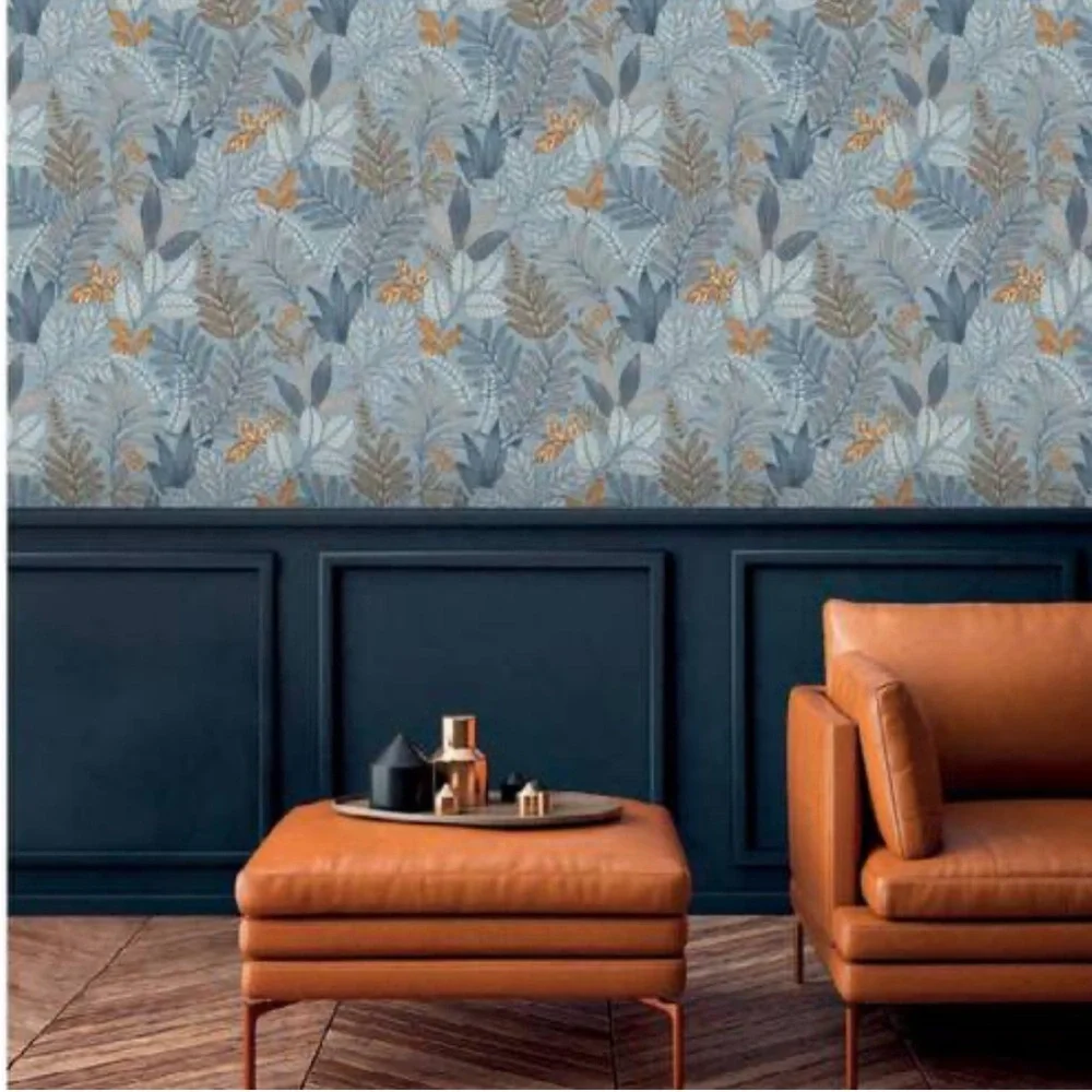 New Allure Blue Minimalist Leaves Tropical Wallpaper R9060 by Walls Republic